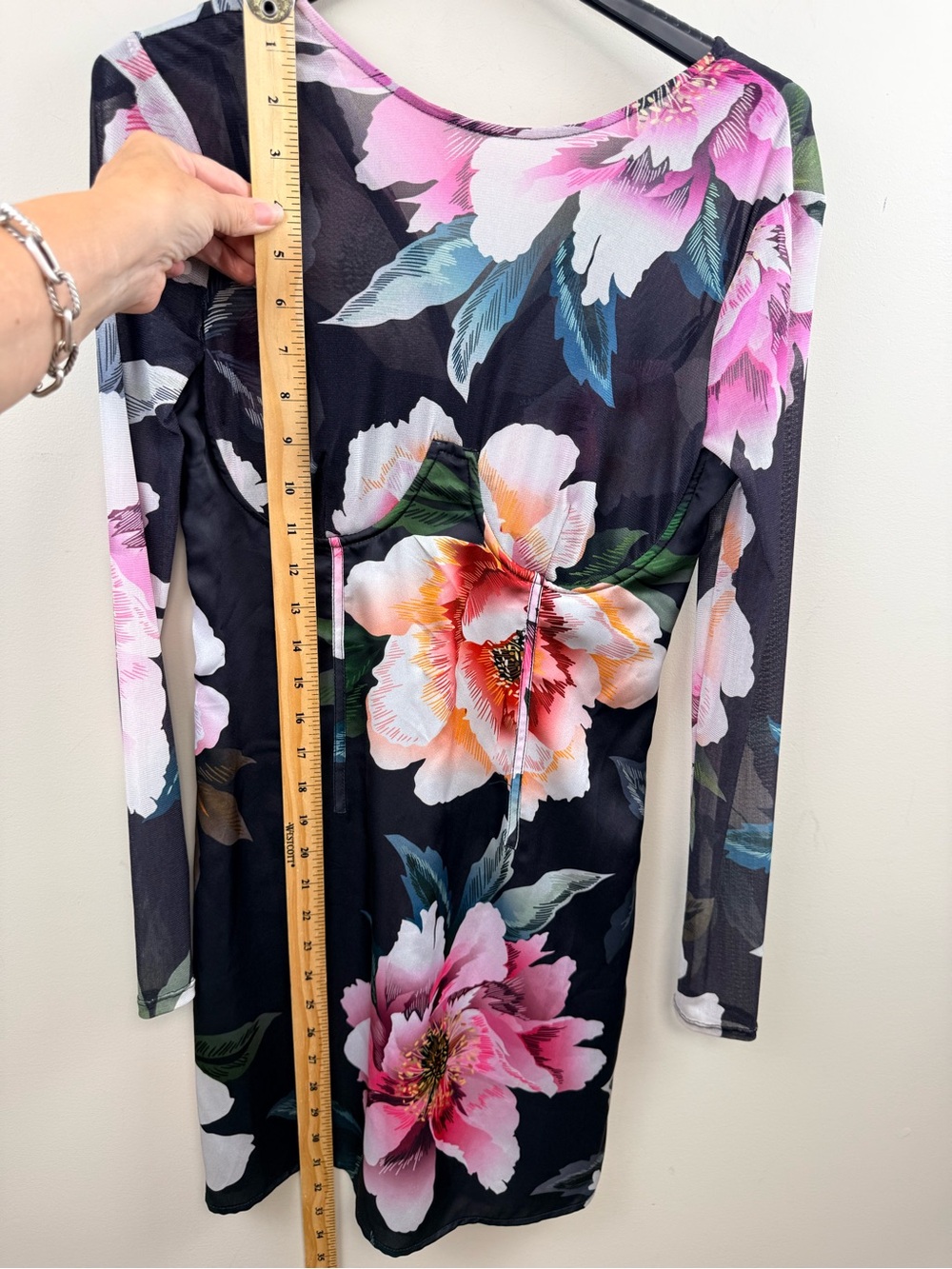 Marciano black floral satin mini dress with bustier top xs - Picture 14 of 14